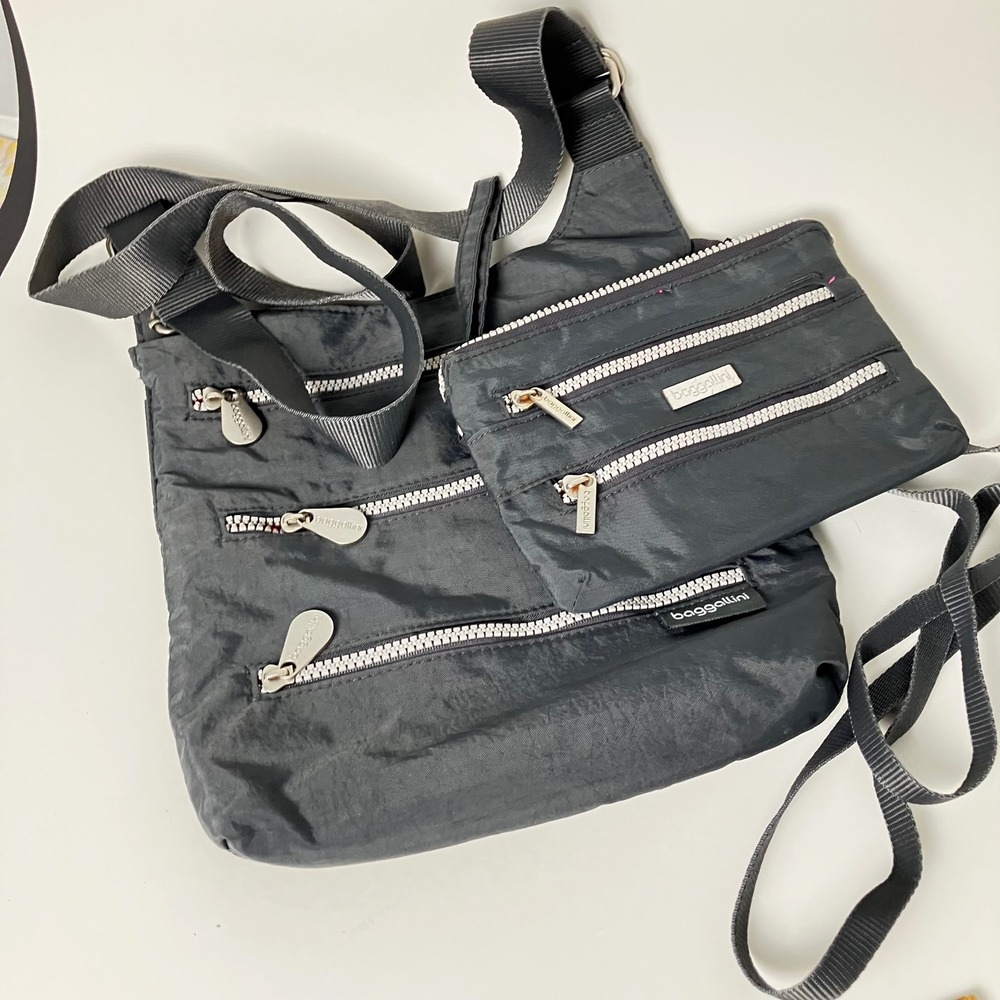 Baggallini Crossbody Bag Highway Bagg MHB529B Gray Pink Water-Resistant Nylon